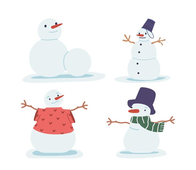 Vector conjunto de muñecos de nieve alegres figuras heladas con narices de zanahoria y ojos de carbón, bufandas, cubos y ropa, símbolos de alegría invernal y alegría navideña en los días fríos de invierno, ilustración vectorial de dibujos animados