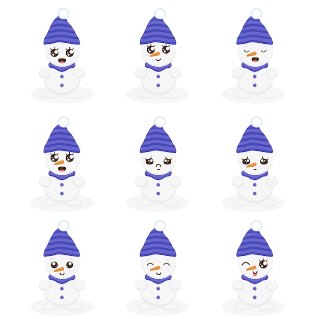 Vector conjunto de muñecos de nieve con diferentes emociones al estilo kawaii año nuevo y navidad