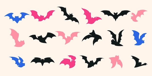 Conjunto de murciélagos voladores de Halloween con colores rosa, azul y negro en fondo crema murciélago espeluznante caprichoso