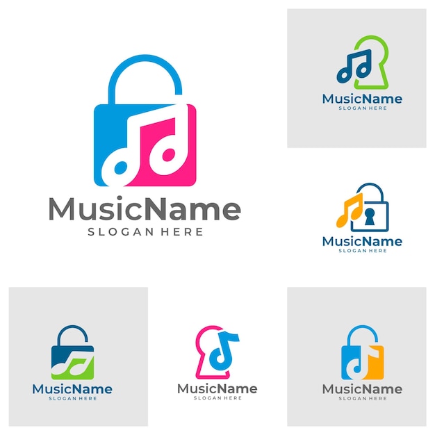 Conjunto de música candado logo vector icono ilustración candado música plantilla de diseño de logotipo