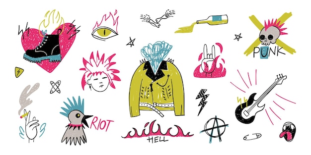 Conjunto de música punk Pegatinas de música rock dibujadas a mano Botas de chaqueta de cuero y guitarra Emblemas de graffiti grunge Calavera con mohawk y símbolo de anarquía Ilustración de vector aislado plano de dibujos animados coloridos