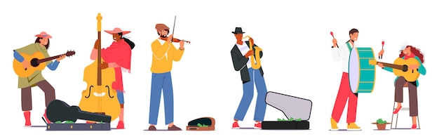 Conjunto de músicos callejeros que realizan espectáculos de personas tocando guitarra y saxofón, bombo doble y violín, ilustración vectorial