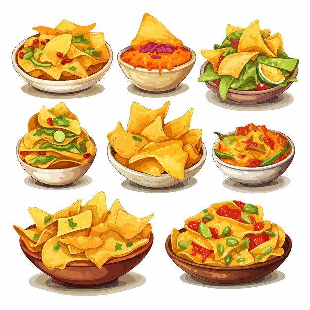 Conjunto de nachos mexicanos ilustrados