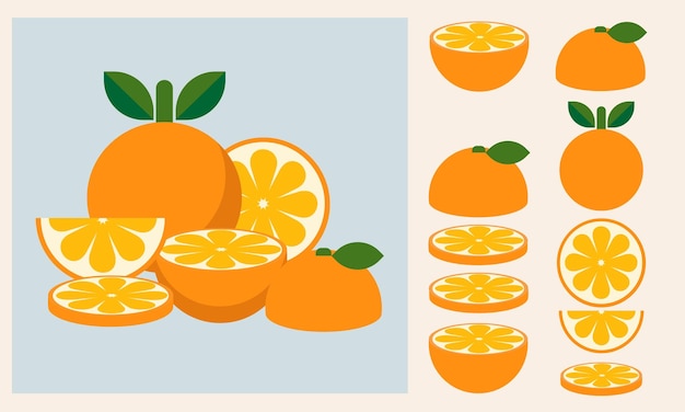 Conjunto de naranjas frescas enteras cortadas a la mitad en rodajas de naranja fruta orgánica estilo plano