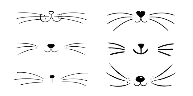 Conjunto de nariz de corazón de gato plano vectorial Colección de iconos de silueta de cara de gato lindo Ilustración de logotipo aislado sobre fondo blanco