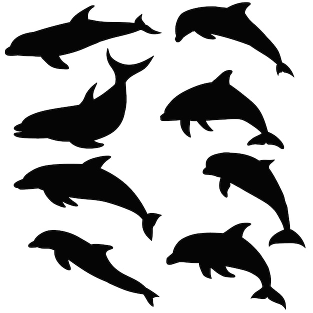 Conjunto de natación de delfines de silueta aislada vectorial