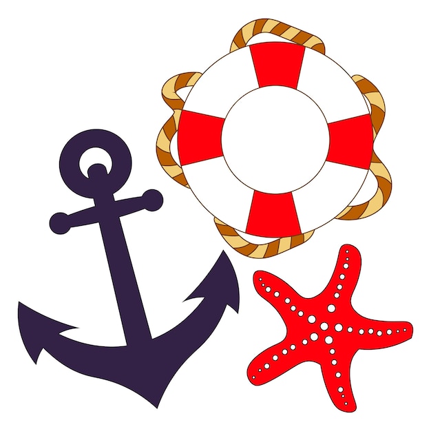 Conjunto náutico ancla salvavidas y estrellas de mar sobre un fondo blanco.