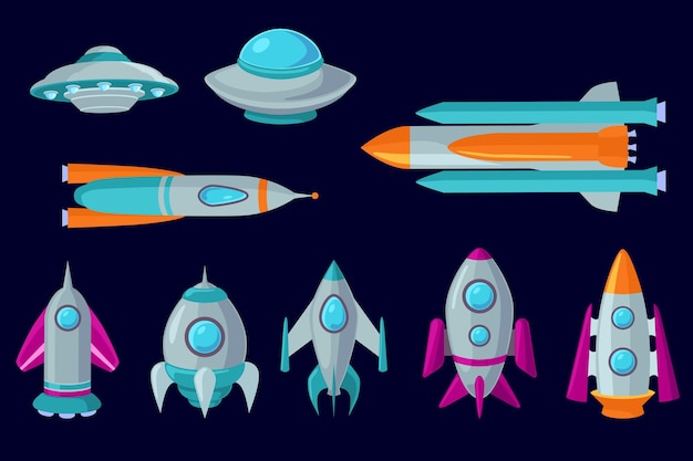 Conjunto de naves espaciales de dibujos animados, cohetes aeroespaciales y ovnis. Ilustración plana coloreada