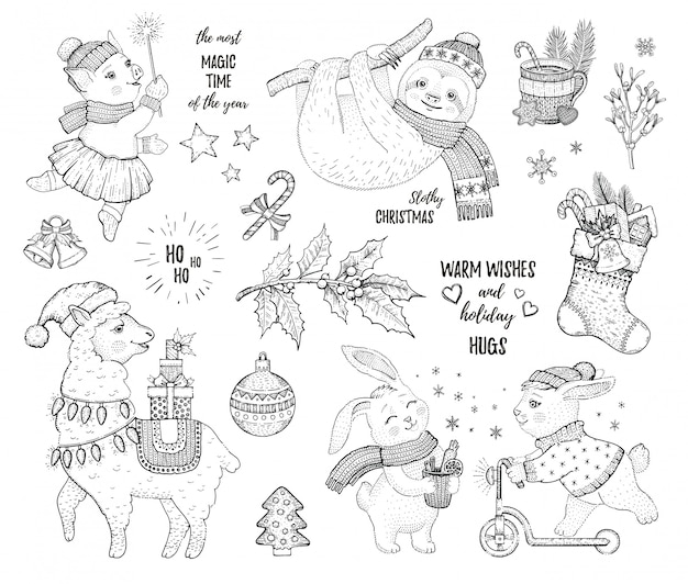 Conjunto de Navidad de animales de dibujos animados boceto.