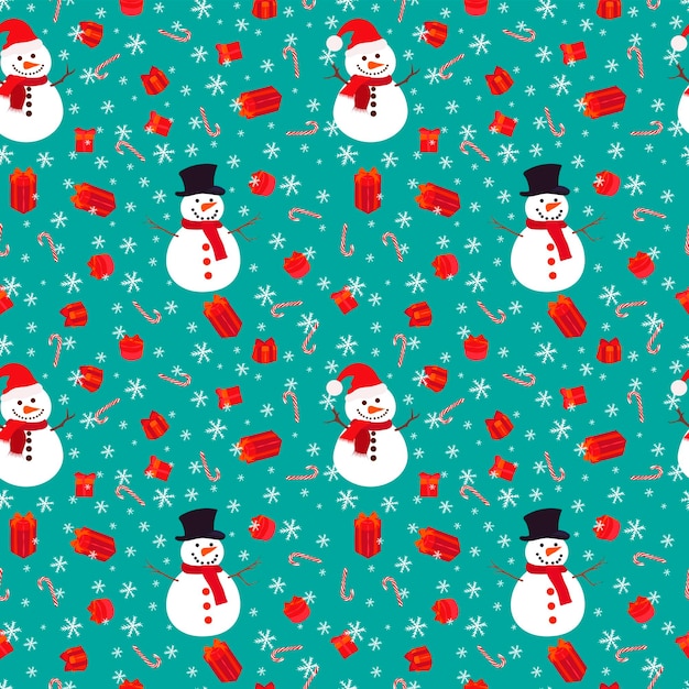 Conjunto de Navidad y Año Nuevo patrón sin costuras con copos de nieve hombres de nieve dulces y regalos