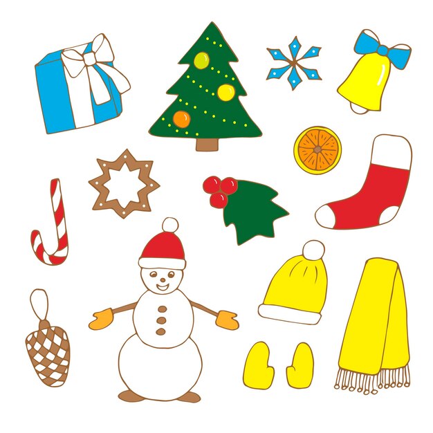 Conjunto de Navidad, cliparts vectoriales, caja de regalo, árbol de Navidad, copo de nieve, campana, bastón de caramelo, calcetín, acebo, muñeco de nieve, cono, sombrero, guantes, bufanda, dibujo a mano, color