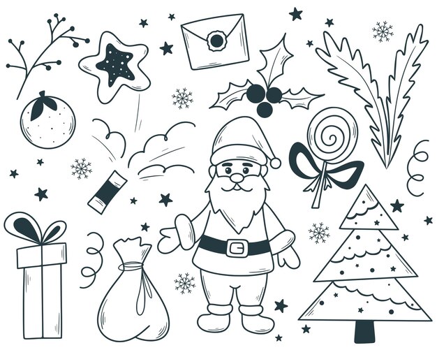 Conjunto de Navidad dibujado a mano elementos de año nuevo lindos dibujo estilo línea ilustración clip art tinta