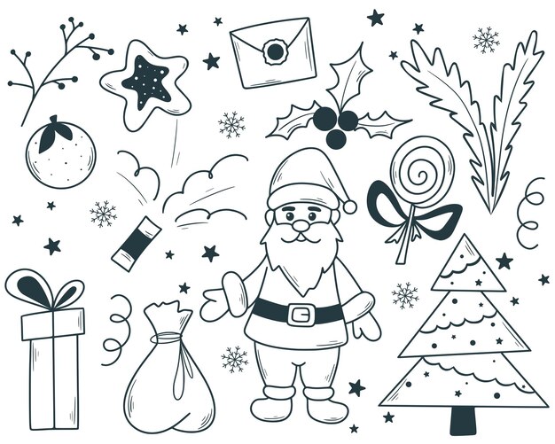 Vector conjunto de navidad dibujado a mano elementos de año nuevo lindos dibujo estilo línea ilustración clip art tinta