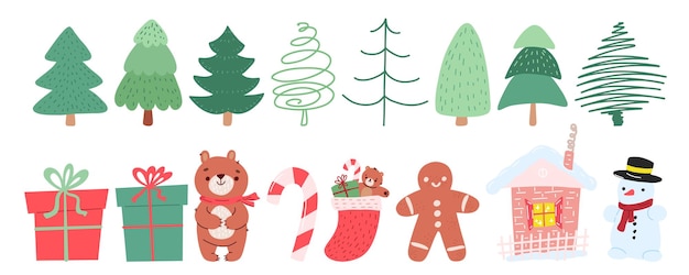 Conjunto de Navidad dibujado a mano regalo de dibujos animados oso hombre de jengibre casa santa calcetín muñeco de nieve caramelo