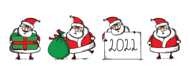 Conjunto de Navidad de diferentes Papá Noel con regalos de Navidad, árboles, animales y otros en estilo de dibujos animados