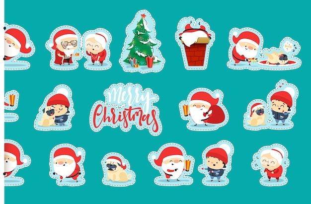 Conjunto de navidad feliz santa claus en estilo plano de dibujos animados. ilustración vectorial