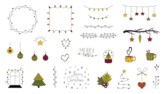 Conjunto de Navidad, garabatos de año nuevo. Colección de marcos navideños dibujados a mano, bordes, guirnaldas