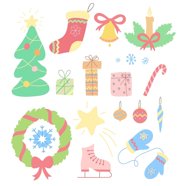 Conjunto de Navidad de garabatos dibujados a mano en estilo simple. Vector ilustración colorida con elementos de Navidad
