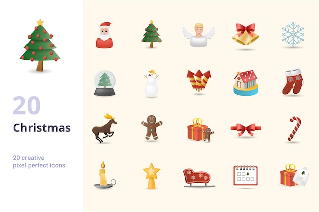 Conjunto de navidad iconos creativos santa claus árbol de navidad