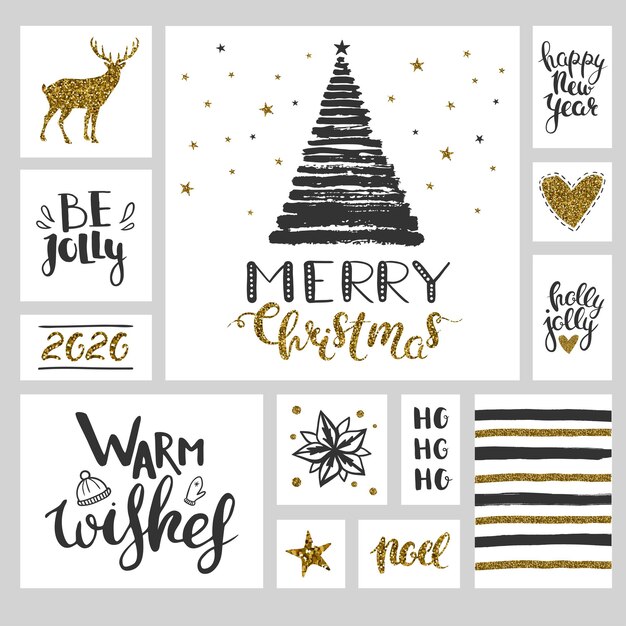 Conjunto de Navidad con pegatinas y pancartas en negro y dorado Conjunto de vectores de ilustraciones navideñas