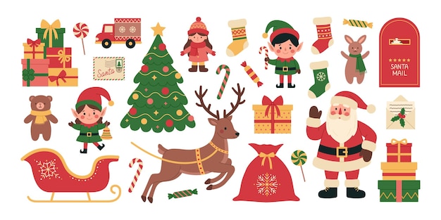 Conjunto de Navidad con Santa Claus elfos ciervo trineo saco árbol regalos juguetes buzón cartas medias