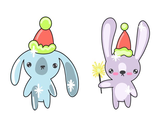 Conjunto de Navidad vectorial con conejitos, regalos, bolas de Navidad, jengibre y árbol de Navidad