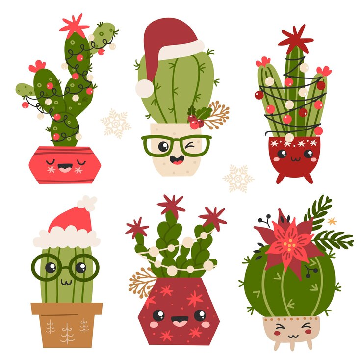 Vector conjunto navideño de cactus. ilustración de vector de tarjetas de felicitación, invitaciones de navidad y álbumes de recortes