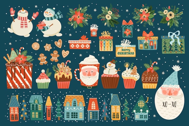 Conjunto navideño de lindas ilustraciones con símbolos de año nuevo Diseño vectorial