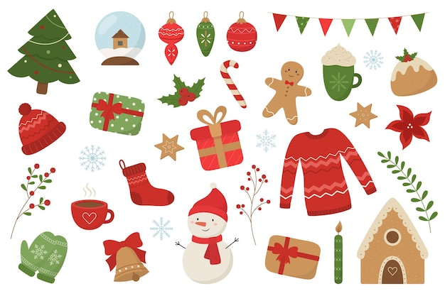 Conjunto navideño Lindos elementos de temporada en un estilo plano