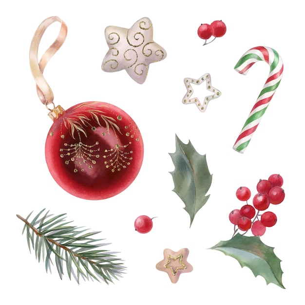 Vector conjunto navideño con oro, ilustración acuarela. bola roja, rama de abeto, decoraciones de año nuevo