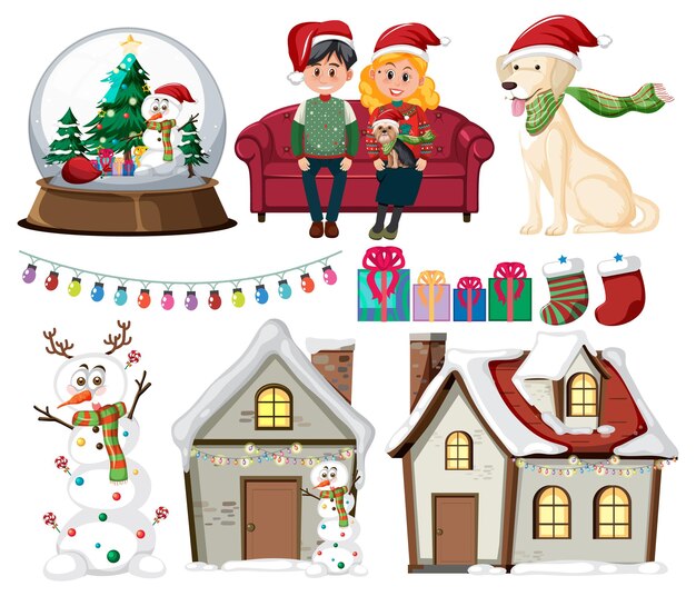 Conjunto navideño con personas y casas cubiertas de nieve.