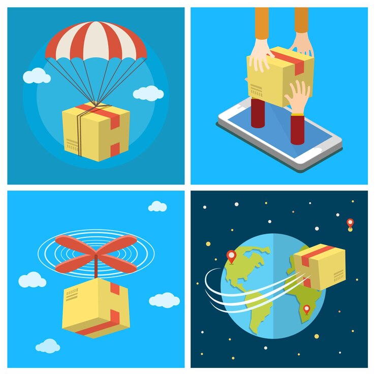 Vector conjunto de negocios. concepto de servicio de entrega. entrega por vía aérea. entrega móvil. ilustración de vector de color de diseño plano.
