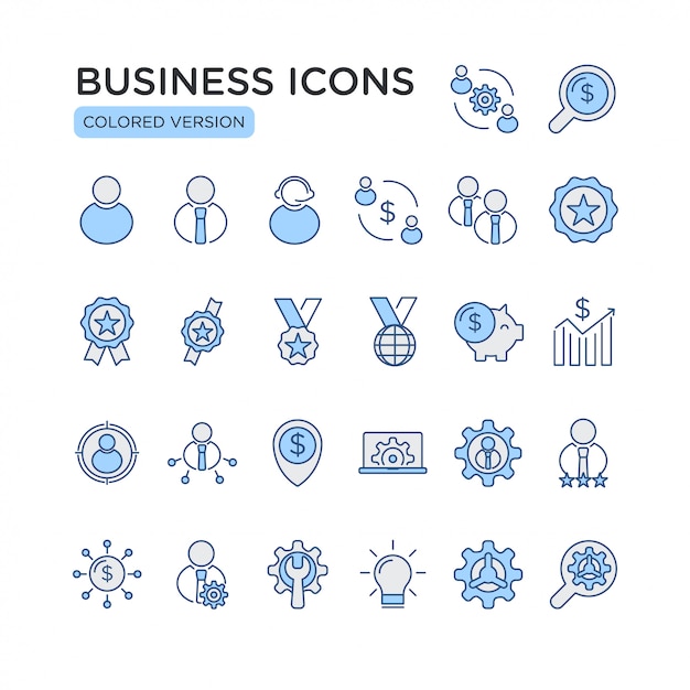 Conjunto de negocios relacionados con el color del vector iconos de línea. Contiene iconos como Empresario, Sinergia, Socios comerciales, Ahorro de dinero, Inversión