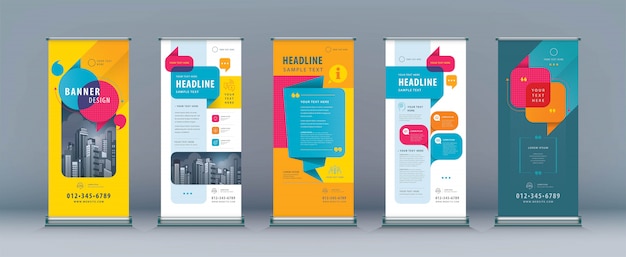 Conjunto de negocios Roll Up. Diseño de pie. Plantilla, burbujas de discurso abstracto