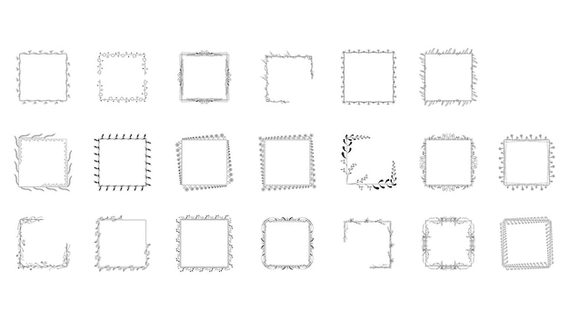Conjunto Negro Colección de marcos de línea simple Doodle Marco floral cuadrado Elementos Estilo de diseño vectorial