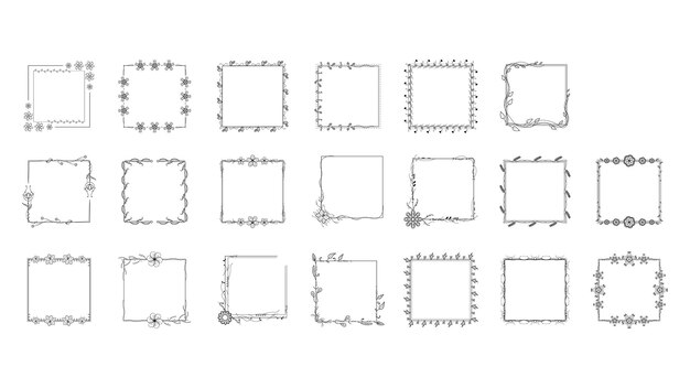 Conjunto Negro Colección de marcos de línea simple Doodle Marco floral cuadrado Elementos Estilo de diseño vectorial