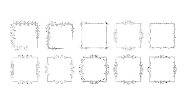 Conjunto Negro Colección de marcos de línea simple Doodle Marco floral cuadrado Elementos Estilo de diseño vectorial
