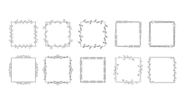 Conjunto Negro Colección de marcos de línea simple Doodle Marco floral cuadrado Elementos Estilo de diseño vectorial