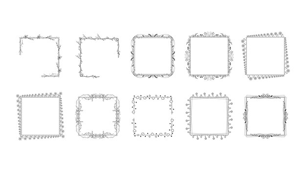 Conjunto Negro Colección de marcos de línea simple Doodle Marco floral cuadrado Elementos Estilo de diseño vectorial