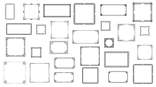 Conjunto Negro Colección de marcos de línea simple Doodle Marco floral cuadrado Elementos Estilo de diseño vectorial