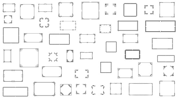 Conjunto Negro Colección de marcos de línea simple Doodle Marco floral cuadrado Elementos Estilo de diseño vectorial