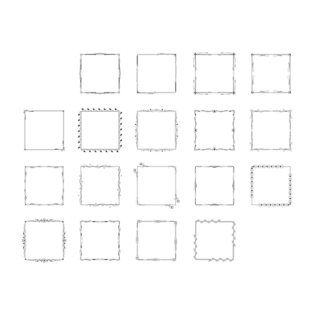 Conjunto Negro Colección de marcos de línea simple Doodle Marco floral cuadrado Elementos Estilo de diseño vectorial