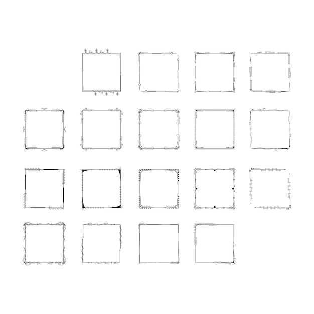 Conjunto Negro Colección de marcos de línea simple Doodle Marco floral cuadrado Elementos Estilo de diseño vectorial
