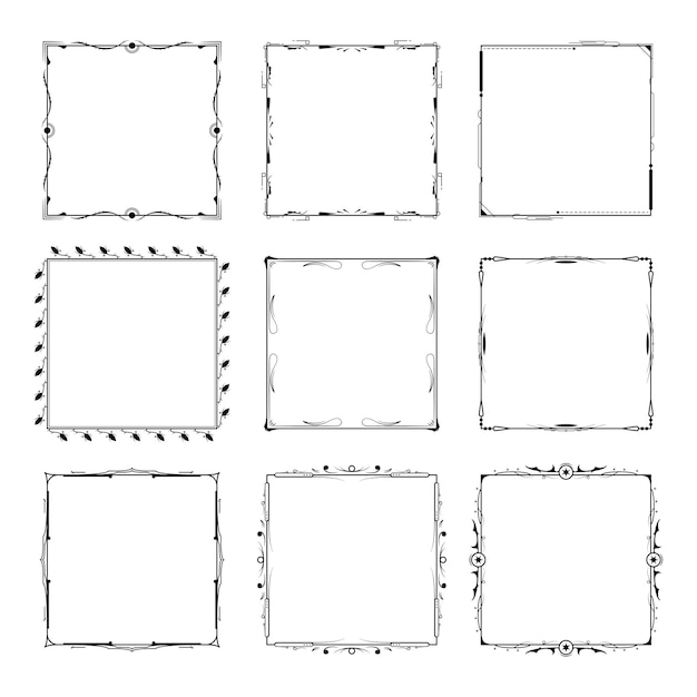 Conjunto Negro Colección de marcos de línea simple Doodle Marco floral cuadrado Elementos Estilo de diseño vectorial