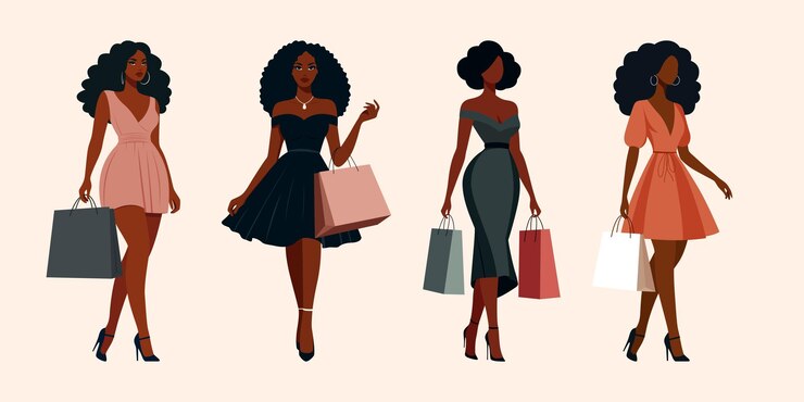 Vector conjunto de negro mujer después de las compras sosteniendo bolsas de compras ilustración vectorial