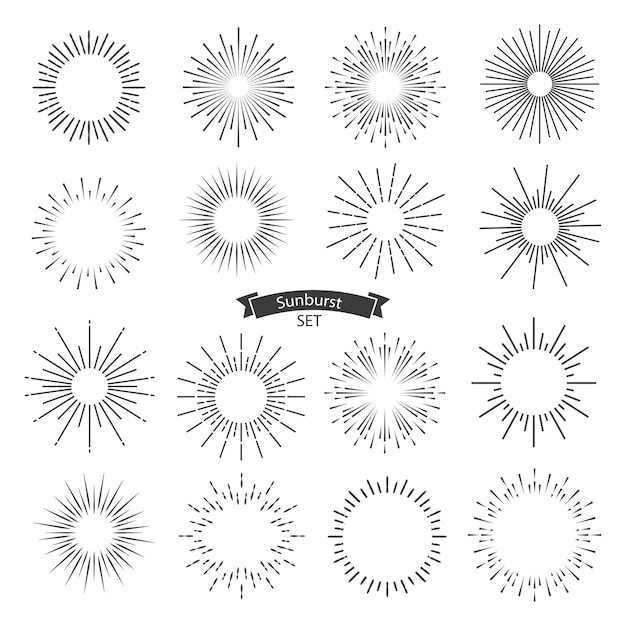 Vector conjunto negro de rayos solares vectoriales aislado en fondo blanco ilustración vectorial