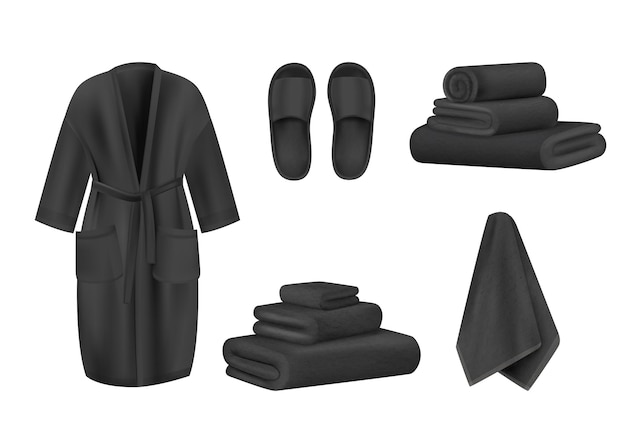 Conjunto negro de ropa de spa realista con imágenes aisladas de zapatillas de bata oscura y pila de toallas ilustración vectorial