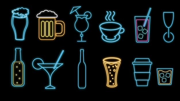 Conjunto de neón abstracto multicolor que brilla intensamente iconos brillantes signos de bebidas alcohólicas para el bar cafetería