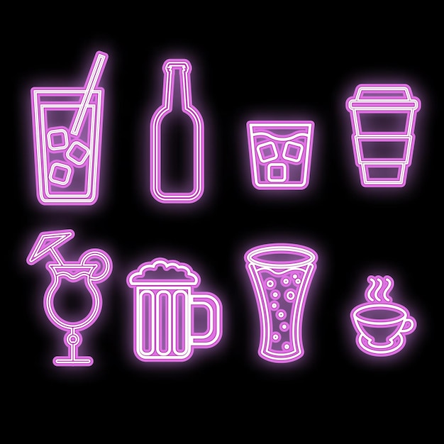Conjunto de neón abstracto violeta que brilla intensamente iconos brillantes signos de bebidas alcohólicas para el bar cafetería