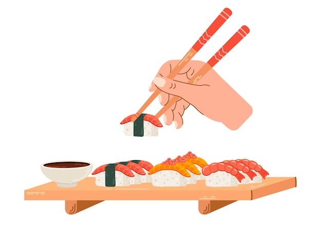 Vector conjunto de nigiri comer nigiri con palillos